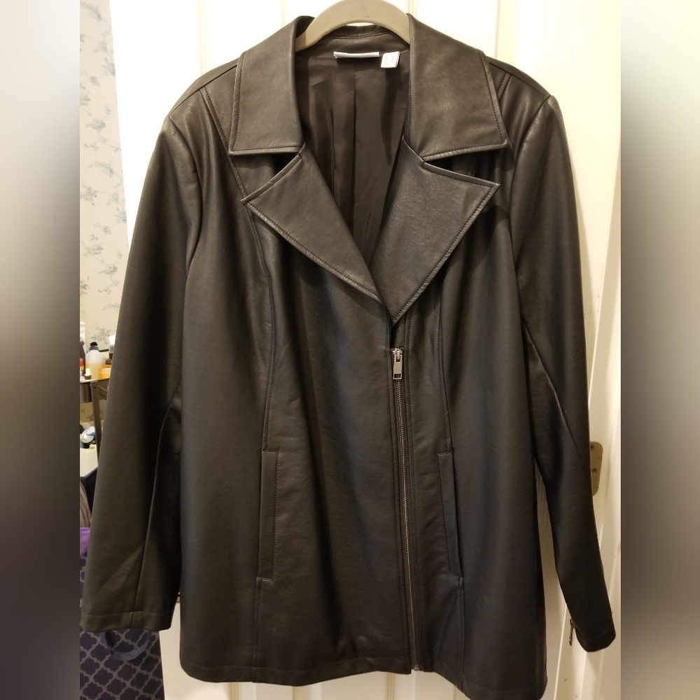 Beautiful Faux leather Moto style black jacket from Studio by D&Co.Longer length